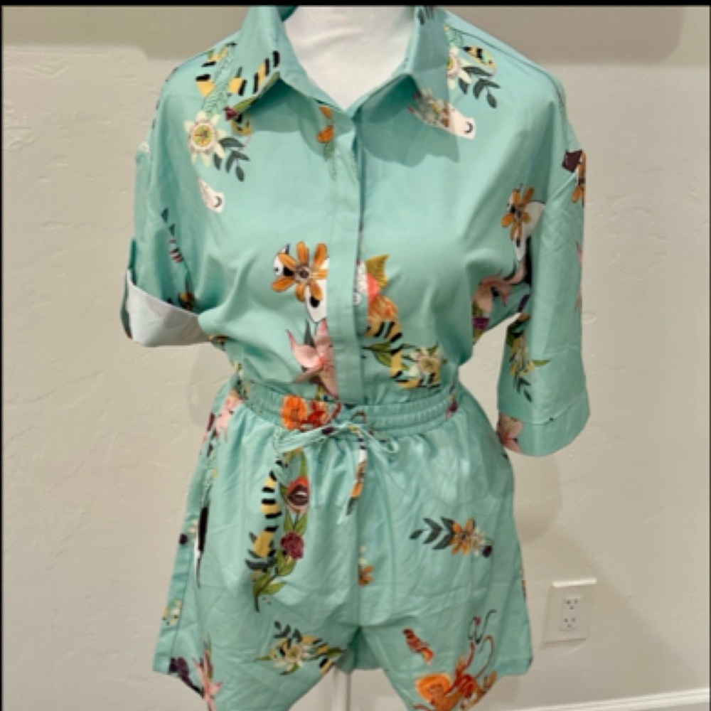 🔵 PJ Shorts Set Floral Print Teal - Picture 2 of 8